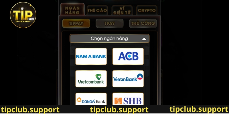 Các bước nạp vào cổng game Tip club thông qua phương thức Internet Banking