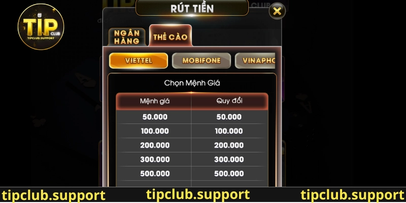 Hướng dẫn các bước rút qua Thẻ cào đơn giản tại cổng game đổi thưởng Tip club